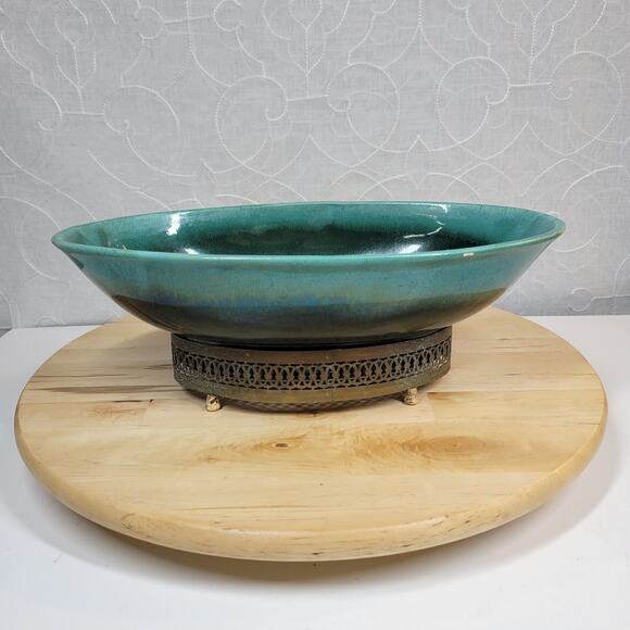 Roseville Pottery Pasadena Planter 12" Green Mid Century Modern Brass Base L-21 - Picture 8 of 12
